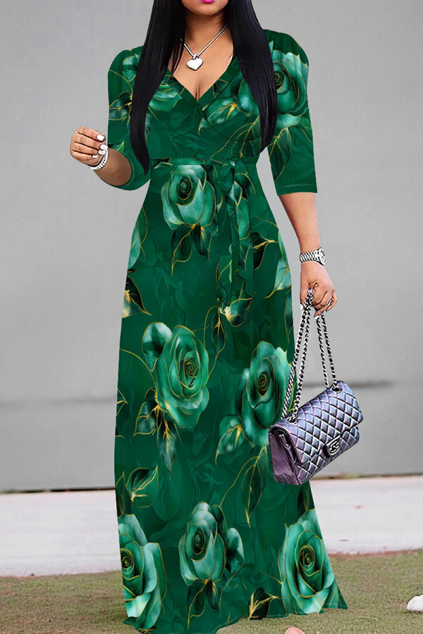 Green Casual Print Patchwork V Neck Long Dresses