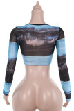 Blue Sexy Print Patchwork Asymmetrical Collar Tops