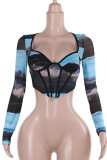 Blue Sexy Print Patchwork Asymmetrical Collar Tops