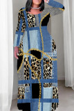 Multicolor Casual Print Patchwork O Neck Long Plus Size Dresses