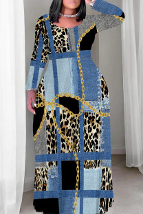 Blue Casual Print Patchwork O Neck Long Plus Size Dresses