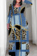 Blue Casual Print Patchwork O Neck Long Plus Size Dresses
