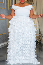 White Casual Solid Color Patchwork V Neck Long Plus Size Dresses