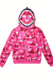 Red Casual Print Patchwork Zipper Zipper Collar Tops