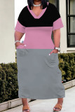 Red Casual Patchwork Pocket Contrast V Neck Long Plus Size Dresses