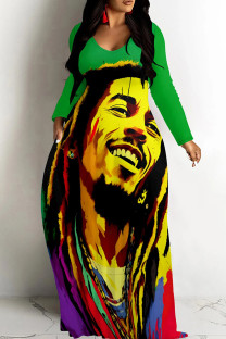 Green Yellow Casual Print Basic V Neck Long Dresses