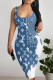 Blue Sexy Letter Print Contrast U Neck Printed Dresses