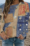 Blue Casual Street Faux Denim Print Contrast O Neck Tops