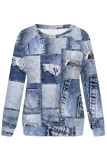 Blue Casual Street Faux Denim Print Contrast O Neck Tops