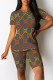 Dark Gray Casual Daily Letter Print Gradient Contrast O Neck Short Sleeve Two Pieces