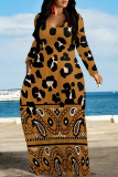 Brown Casual Gradient Print Colorblock Pocket Contrast V Neck Printed Dresses