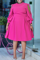 Rose Red Casual Solid Color Patchwork Half A Turtleneck Long Sleeve Plus Size Dresses