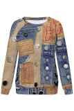 Blue Casual Street Faux Denim Print Contrast O Neck Tops