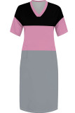 Red Casual Patchwork Pocket Contrast V Neck Long Plus Size Dresses
