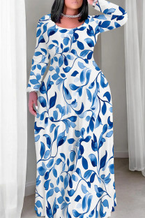 Blue White Casual Print Patchwork O Neck Long Plus Size Dresses