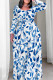 Blue White Casual Print Patchwork O Neck Long Plus Size Dresses