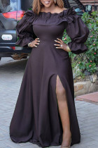 Black Casual Solid Color Slit Off Shoulder Long Plus Size Dresses