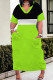 Fluorescent Green Casual Patchwork Pocket Contrast V Neck Long Plus Size Dresses