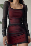 Deep Red Sexy Solid Color Patchwork Ruched Mesh U Neck Wrapped Skirt Dresses