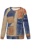 Blue Casual Street Faux Denim Print Contrast O Neck Tops