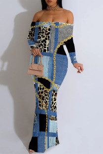 The cowboy blue Sexy Gradient Chain print Contrast Off Shoulder One Step Skirt Dresses