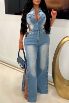 Light Blue Casual Solid Color Hollow Out Slit Turndown Collar Bodycon Jumpsuits