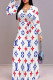 Red Blue Casual Letters Patchwork Strap Design V Neck Long Dresses