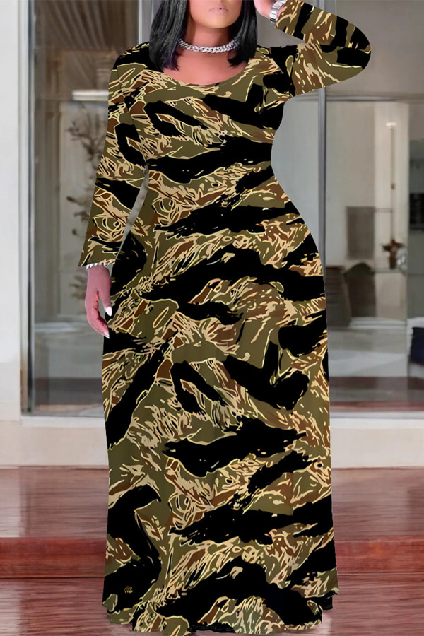 Army Green Casual Leopard Print Faux Denim Print Contrast O Neck Printed Plus Size Dresses