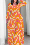 Multicolor Casual Print Patchwork O Neck Long Plus Size Dresses