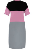 Red Casual Patchwork Pocket Contrast V Neck Long Plus Size Dresses