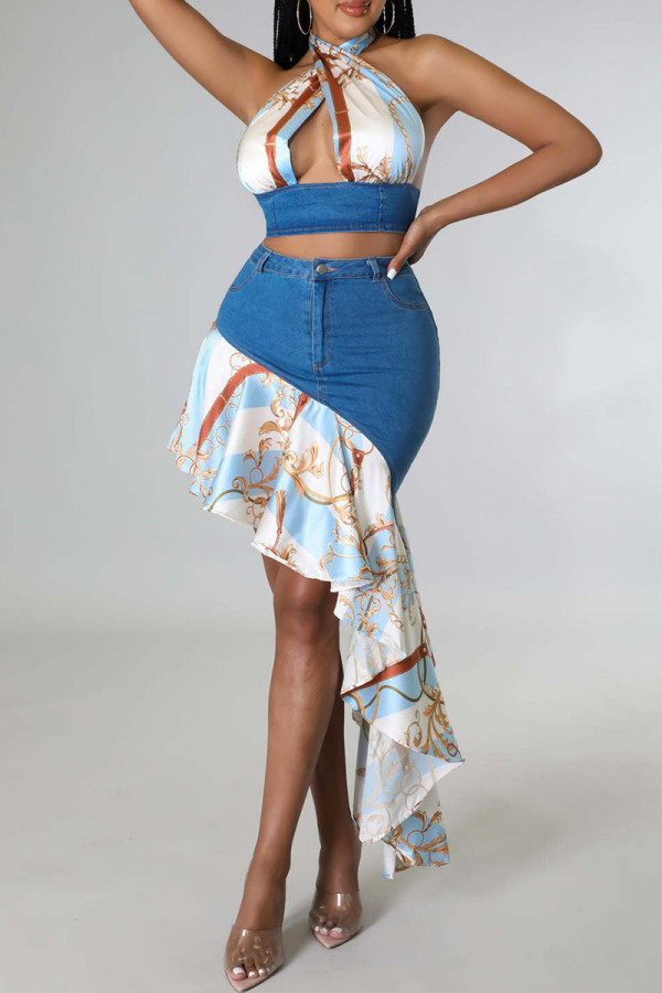 Blue Sexy Print Hollow Out Buttons Patchwork Backless Zipper Ruffled Trim Halter Sleeveless Two Pieces