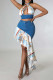 Blue Sexy Print Hollow Out Buttons Patchwork Backless Zipper Ruffled Trim Halter Sleeveless Two Pieces