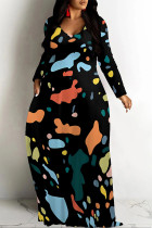 Black Casual Gradient Print Colorblock Pocket Contrast V Neck Printed Dresses