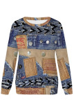 Blue Casual Street Faux Denim Print Contrast O Neck Tops