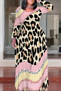 Pink Casual Leopard Print Faux Denim Print Contrast O Neck Printed Plus Size Dresses