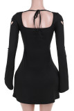 Black Sexy Solid Color Hollow Out Patchwork Backless Strap Design Square Neck A Line Dresses