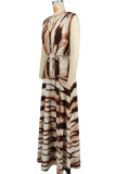 Coffee Elegant Print Patchwork High Slit Strap Design Deep V Neck Long Dresses