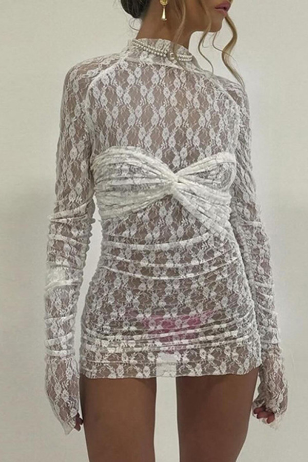 White Sexy Solid Color Patchwork Ruched Half A Turtleneck Wrapped Skirt Dresses