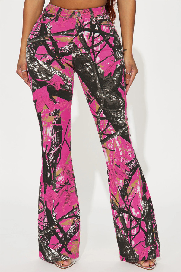 Pink Casual Print Buttons Patchwork Zipper Boot Cut Mid Waist Speaker Full Print Bottoms