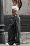 Grey Casual Solid Color Lace Patchwork Loose Mid Waist Wide Leg Patchwork Bottoms