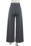 Grey Casual Solid Color Lace Patchwork Loose Mid Waist Wide Leg Patchwork Bottoms