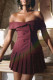 Burgundy Sexy Solid Color Buttons Patchwork Pleated Off Shoulder Two Pieces