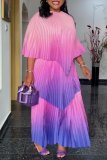 Rose Red Casual Gradient Print Patchwork O Neck Long Dresses