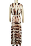Coffee Elegant Print Patchwork High Slit Strap Design Deep V Neck Long Dresses