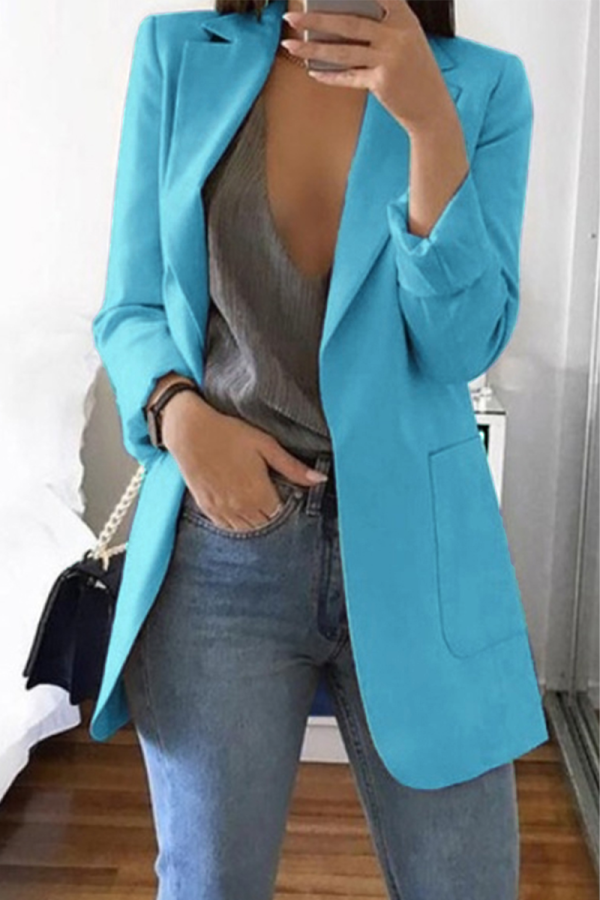 Baby Blue Casual Long Sleeves Suit Jacket