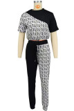 Coffee Casual Print Draw String Pocket Patchwork O Neck Short Sleeve Two Pieces