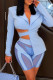 Sky Blue Sexy Solid Color Hollow Out Patchwork See-Through Strap Design Turn-back Collar Long Sleeve Two Pieces