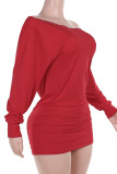 Red Sexy Solid Color Patchwork Backless Oblique Collar Wrapped Skirt Dresses