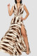 Coffee Elegant Print Patchwork High Slit Strap Design Deep V Neck Long Dresses