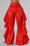 Red Casual Solid Color Stringy Selvedge Regular High Waist Wide Leg Patchwork Trousers